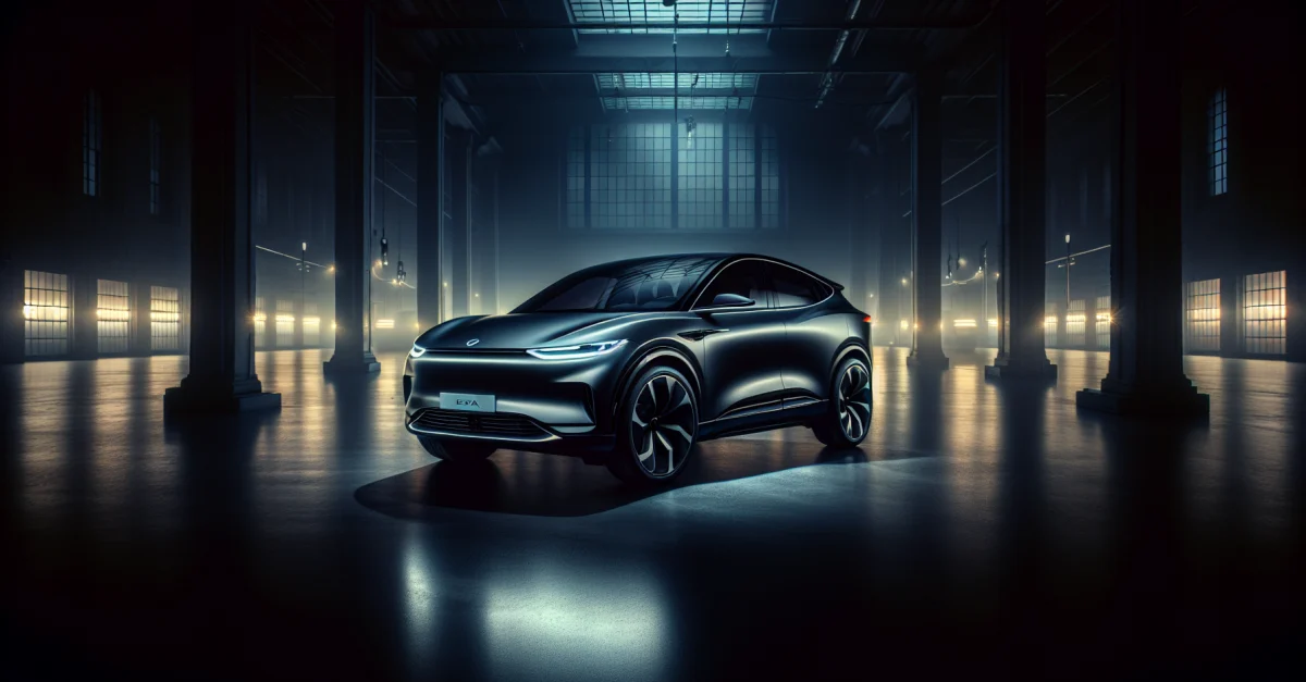 Rivian R2 SUV in einem dunklen Studio, das die Enttäuschung über die Preisgestaltung widerspiegelt. Die modernen Konturen des Fahrzeugs sind beleuchtet.