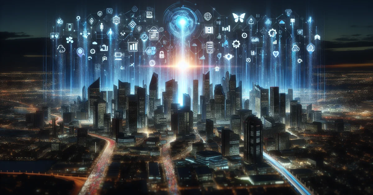 Futuristic city skyline with glowing data streams representing Nvidia's $26 billion investment in open-source AI.