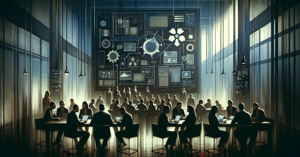 Anthropic's office with employees in tense discussions about the legal conflict with the Pentagon, which could impact innovation and market dynamics.