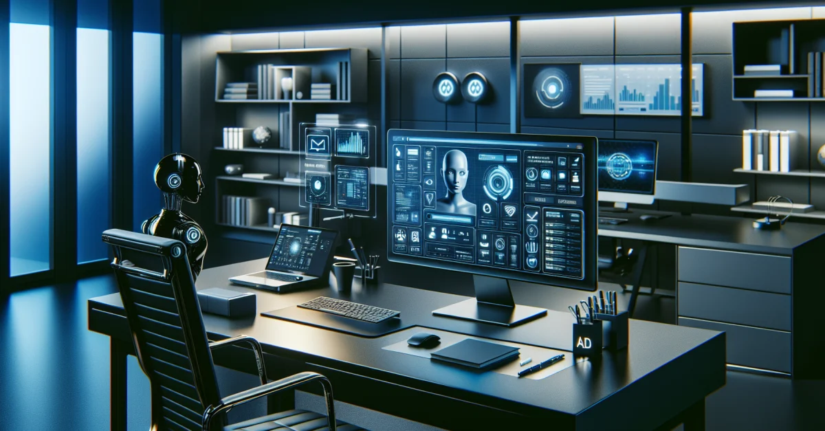 Ein moderner Arbeitsplatz mit dem Perplexity 'Personal Computer' AI-Assistenten, der E-Mail-Management und Präsentationen unterstützt.