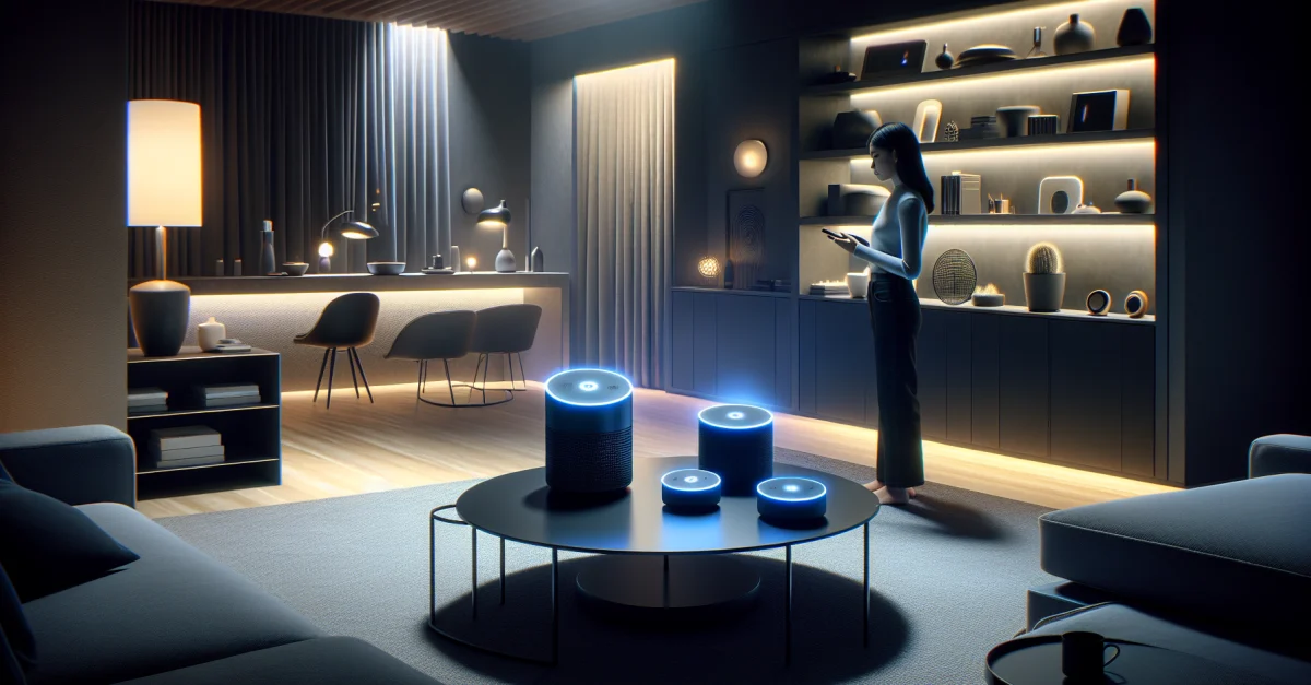 Moderne Wohnzimmereinrichtung mit Amazon Alexa, die sarkastische Antworten geben soll. Nutzer interagiert skeptisch mit dem Gerät. Technologie im Alltag.