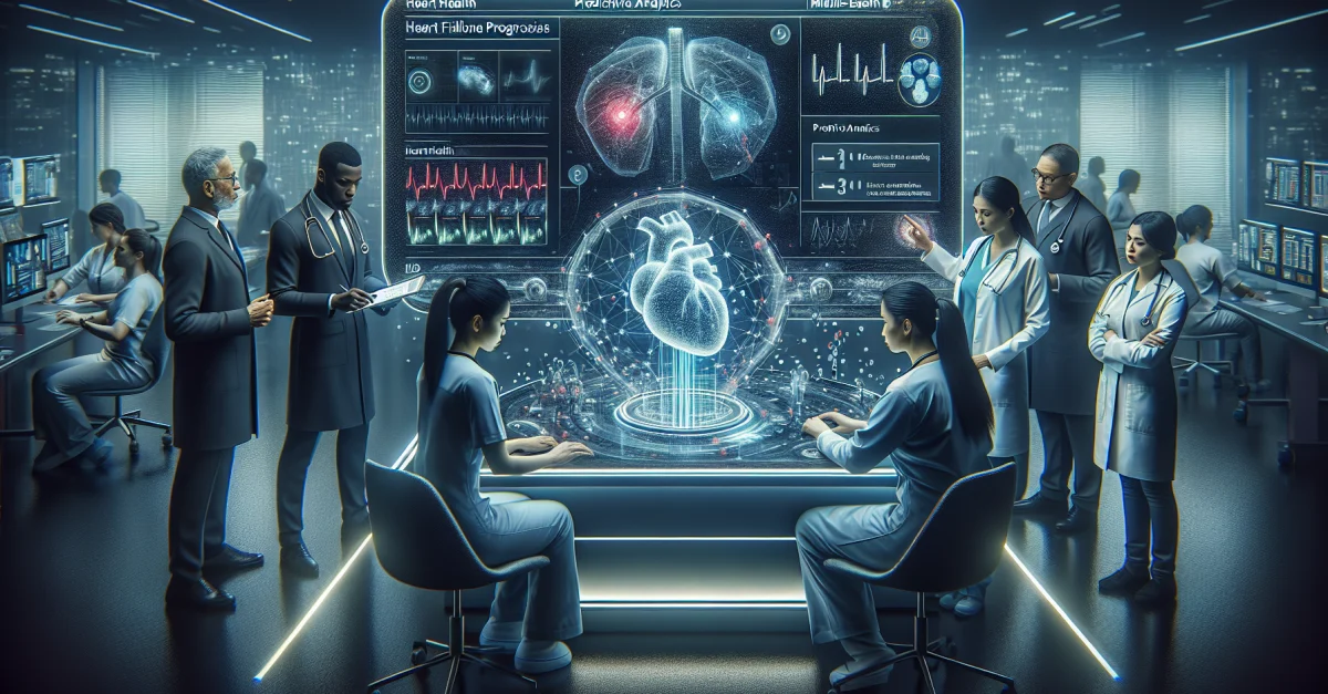 Futuristische Gesundheitsumgebung mit Fachleuten, die an KI-Technologie zur Vorhersage von Herzinsuffizienz arbeiten. Symbolisiert Fortschritt in der Patientenversorgung.