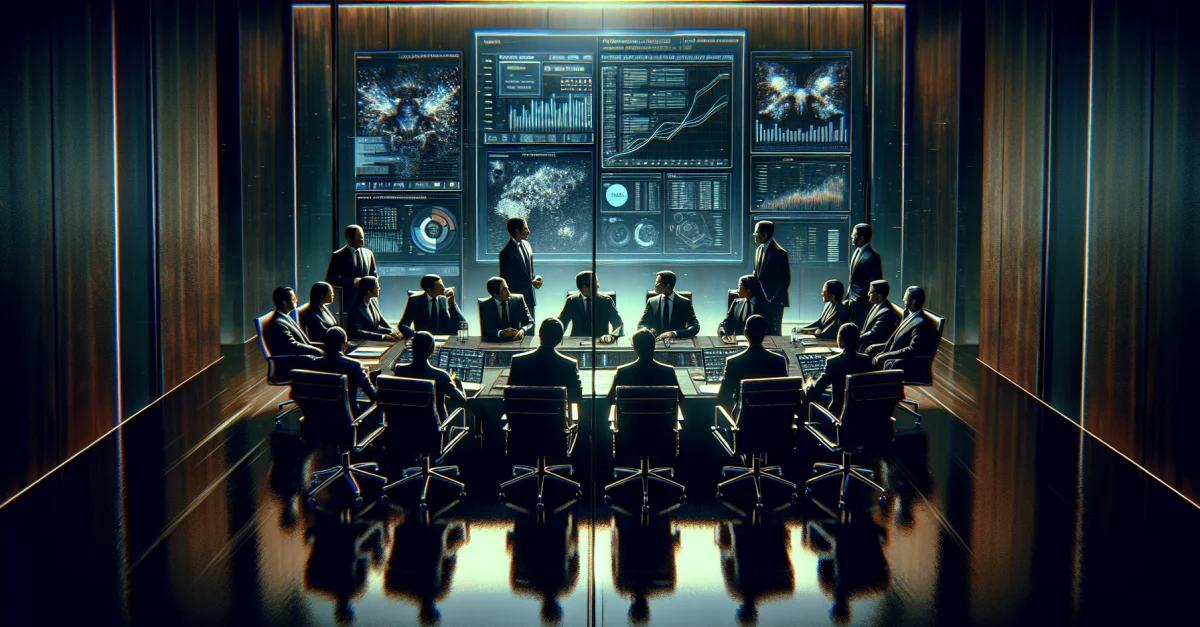 Meta-Executives diskutieren in einem Boardroom über strategische Herausforderungen und Investitionen in Künstliche Intelligenz.