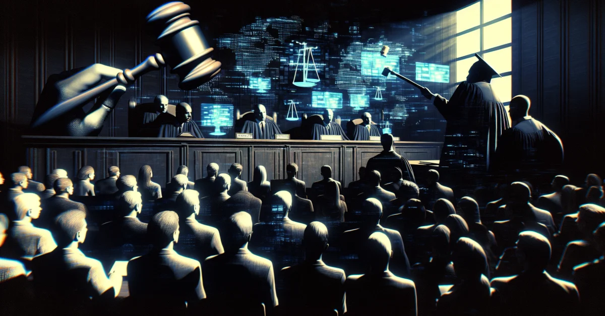 Gerichtssaal mit Anwälten, die gegen die Datenweitergabe von Whatsapp an Facebook kämpfen. Symbol für den Datenschutz und die Privatsphäre der Nutzer.