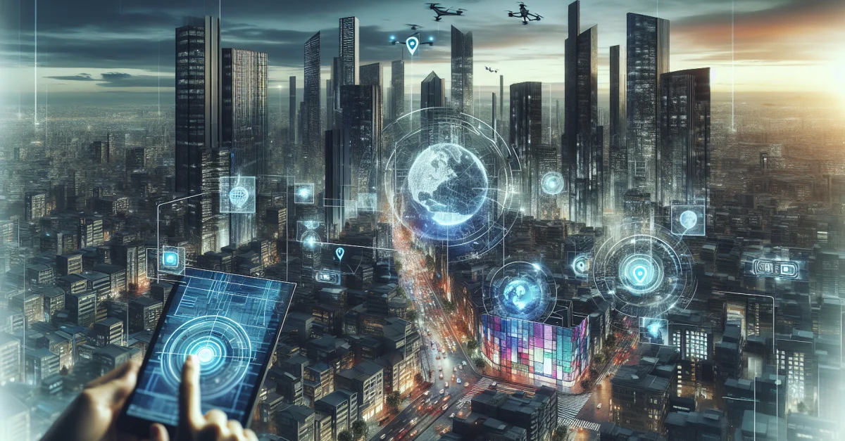 Futuristic cityscape featuring 3D navigation technology and Google Maps update, showcasing real-time data and user interaction.