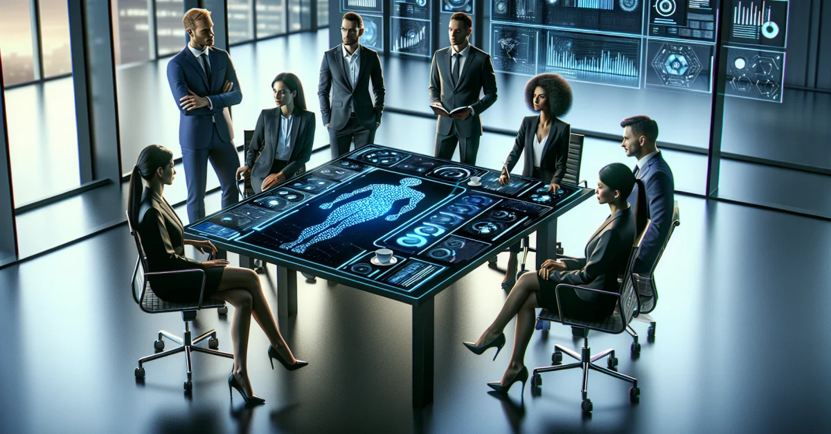 Ein modernes Büro, in dem Fachleute mit KI-Tools und Datenanalysen zusammenarbeiten, um Geschäftsentscheidungen zu optimieren.