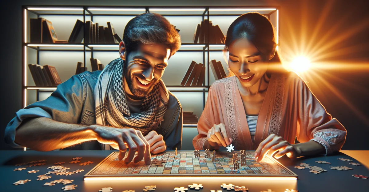 Eine Gruppe von Menschen löst gemeinsam Rätsel in einem modernen, einladenden Raum. Die Atmosphäre ist kreativ und anregend.