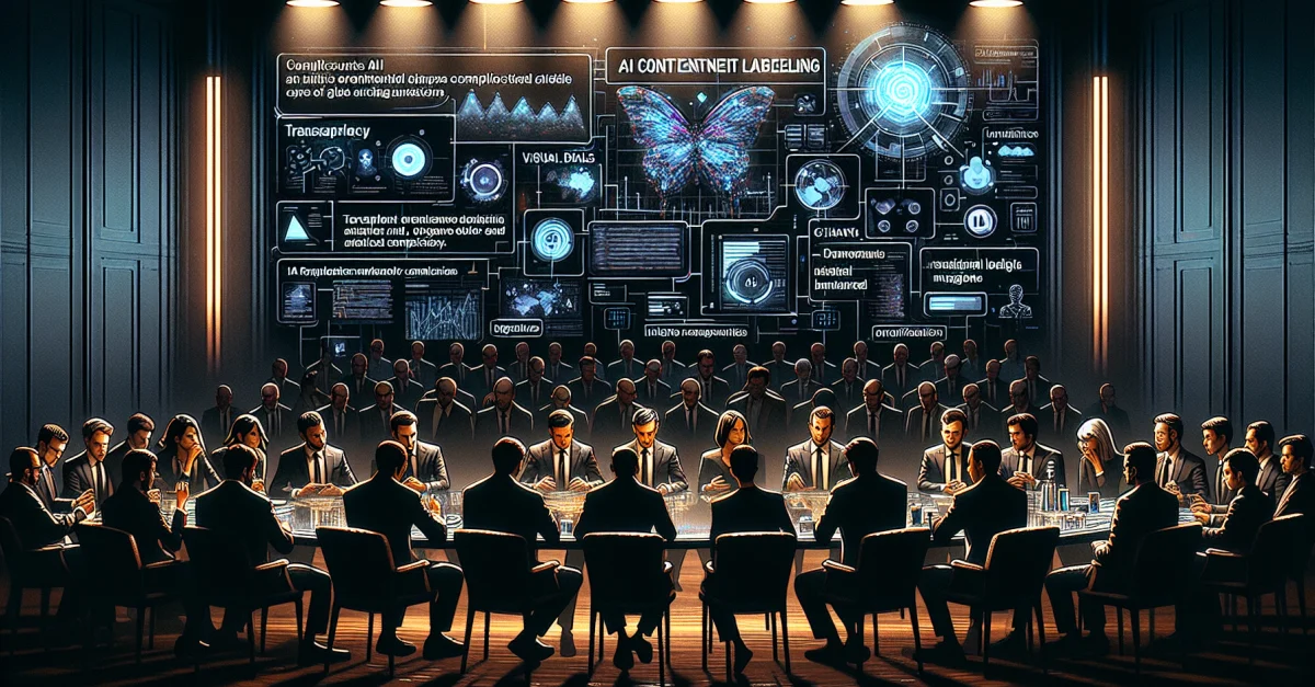Tech experts discuss the challenges of AI content labeling and transparency of AI-generated content in a dimly lit room.