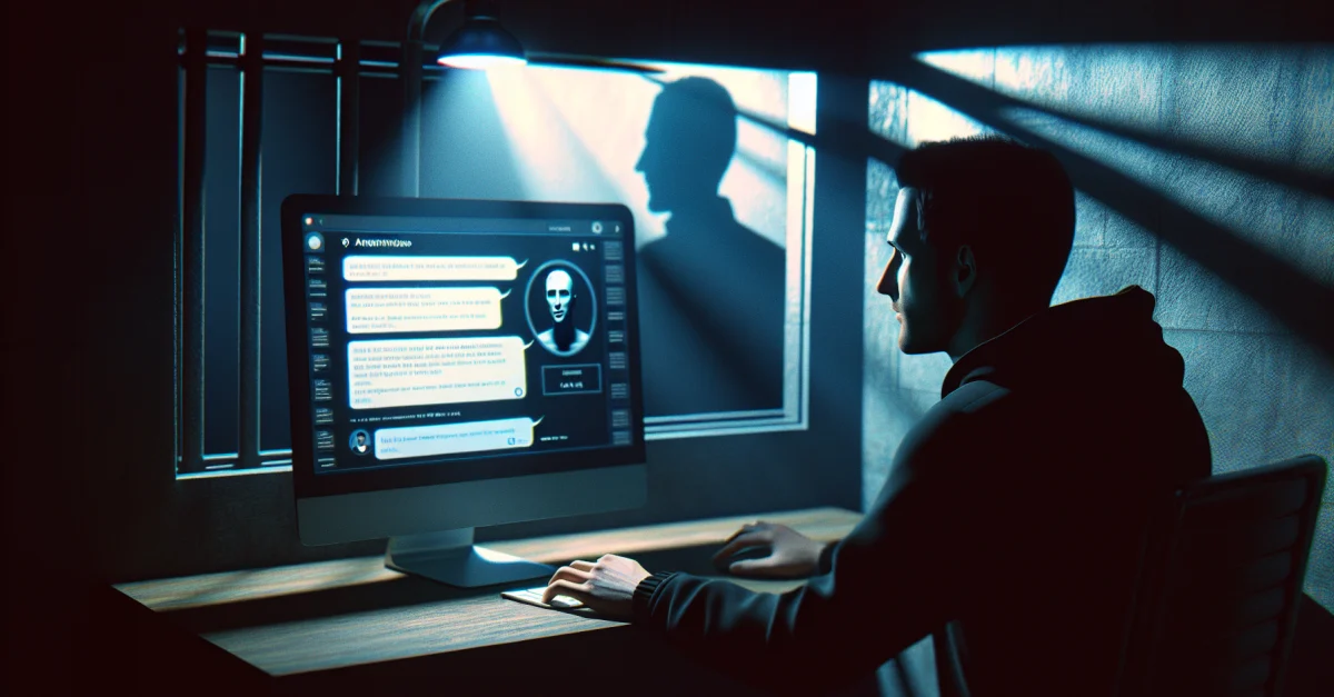 Ein Benutzer interagiert mit einem Chatbot auf einem Computerbildschirm, der auf Jeffrey Epstein basiert. Die düstere Atmosphäre spiegelt die Kontroversen wider.