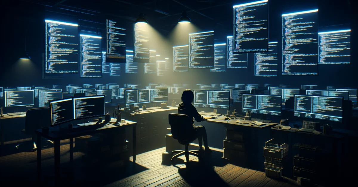 Ein Programmierer arbeitet an einem neuen Code in einem dunklen Raum, der die Herausforderungen und Unsicherheiten der neuen Programmiersprache widerspiegelt.