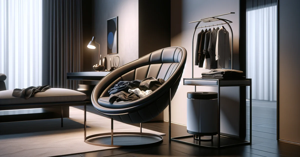 Ein moderner Wäschestuhl von Simone Giertz in einem stilvollen Raum, ideal zur Aufbewahrung von Kleidung und als Sitzgelegenheit.