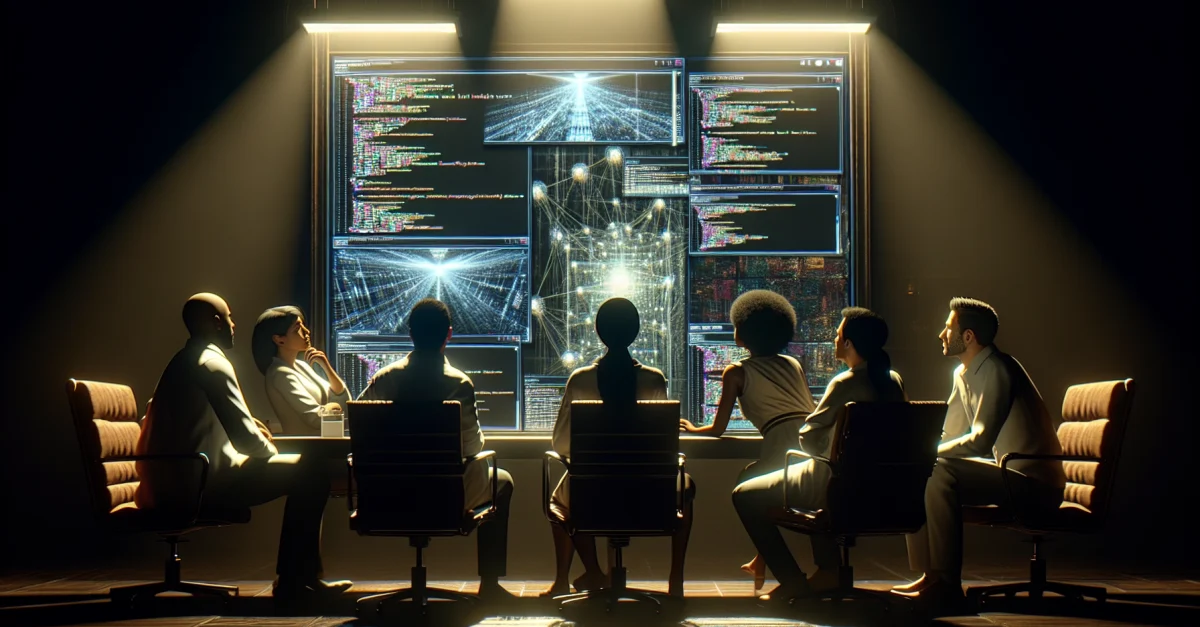 Eine Gruppe von Forschern analysiert die Auswirkungen von KI-gestützten Desinformationskampagnen in einem dunklen Raum, um ethische Dilemmata zu erörtern.
