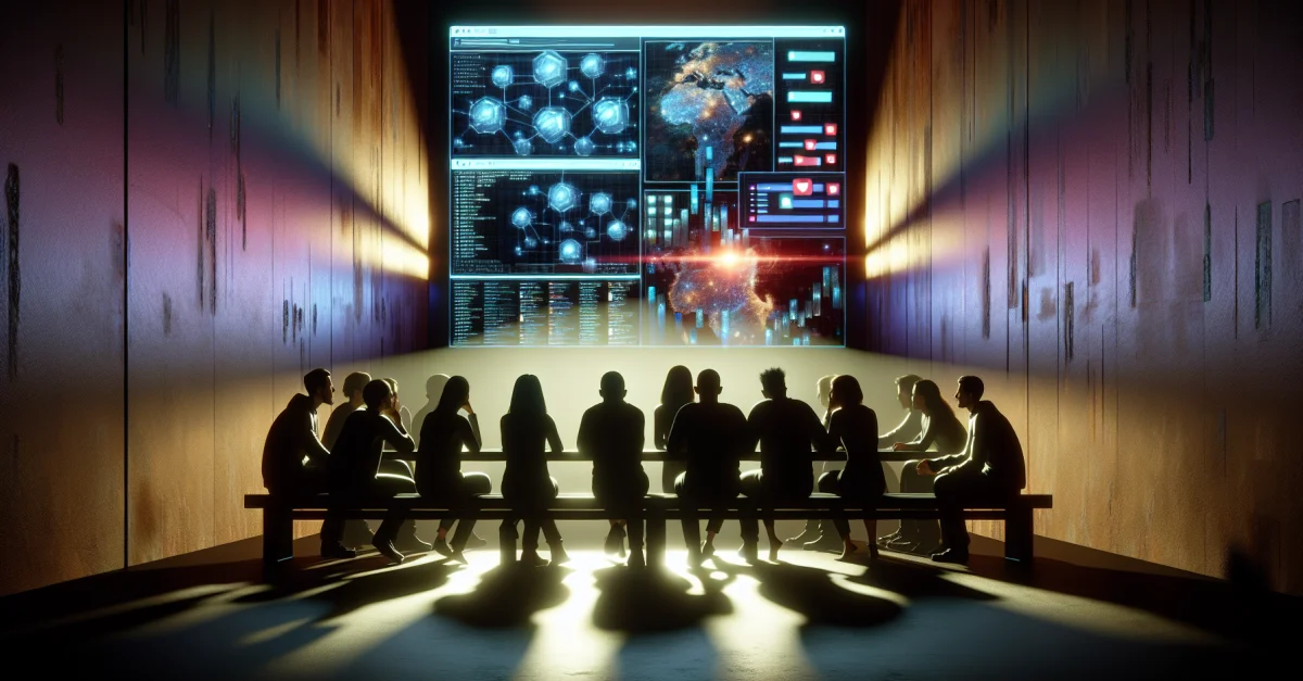 A group of individuals around a screen displaying algorithms and social media, symbolizing AI agents' control over digital information.