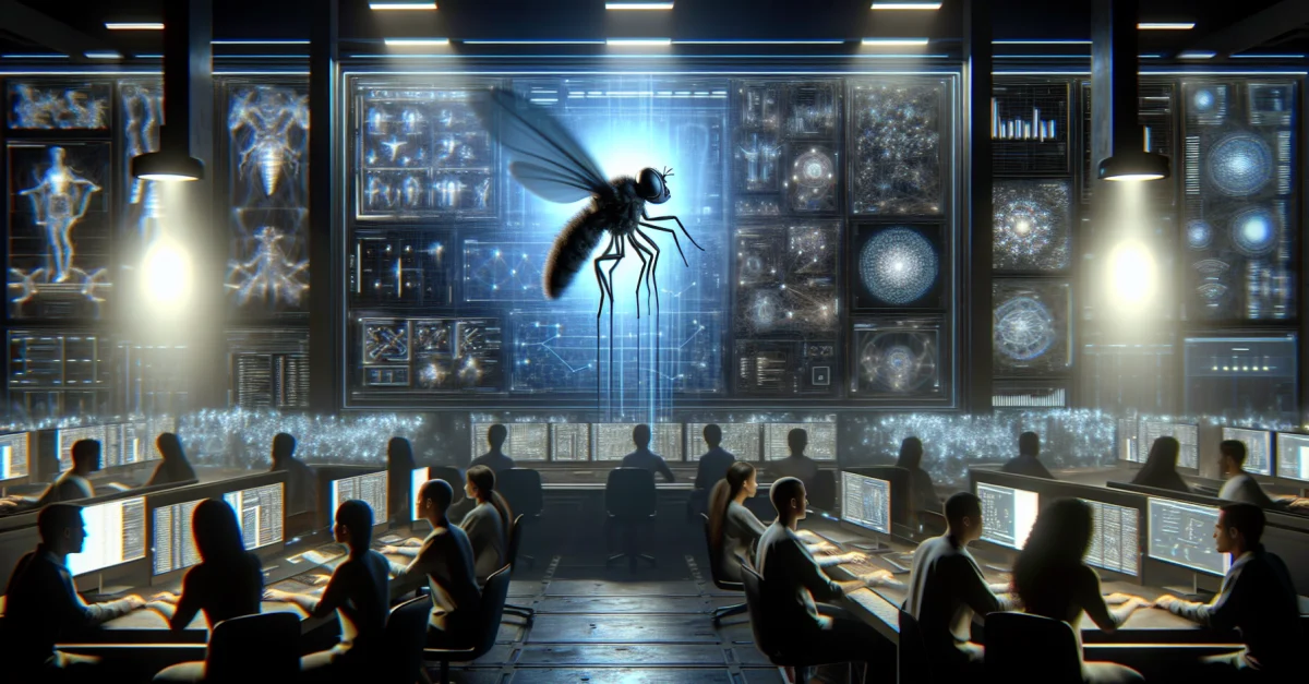 A digital model of an 'embodied fly' hovers over a modern workstation in a tech lab, surrounded by monitors and engineers discussing AI advancements.