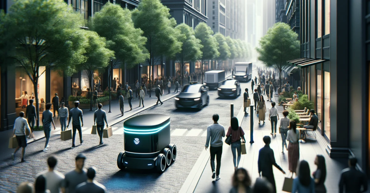 A delivery robot navigates precisely through a bustling urban landscape, showcasing the future of robotics without GPS.
