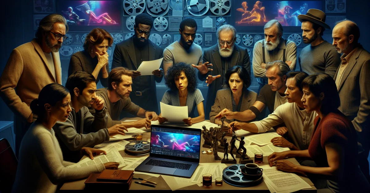 Filmemacher diskutieren besorgt über die Auswirkungen von Urheberrechtsproblemen auf innovative KI-Technologien in einem düsteren Studio.