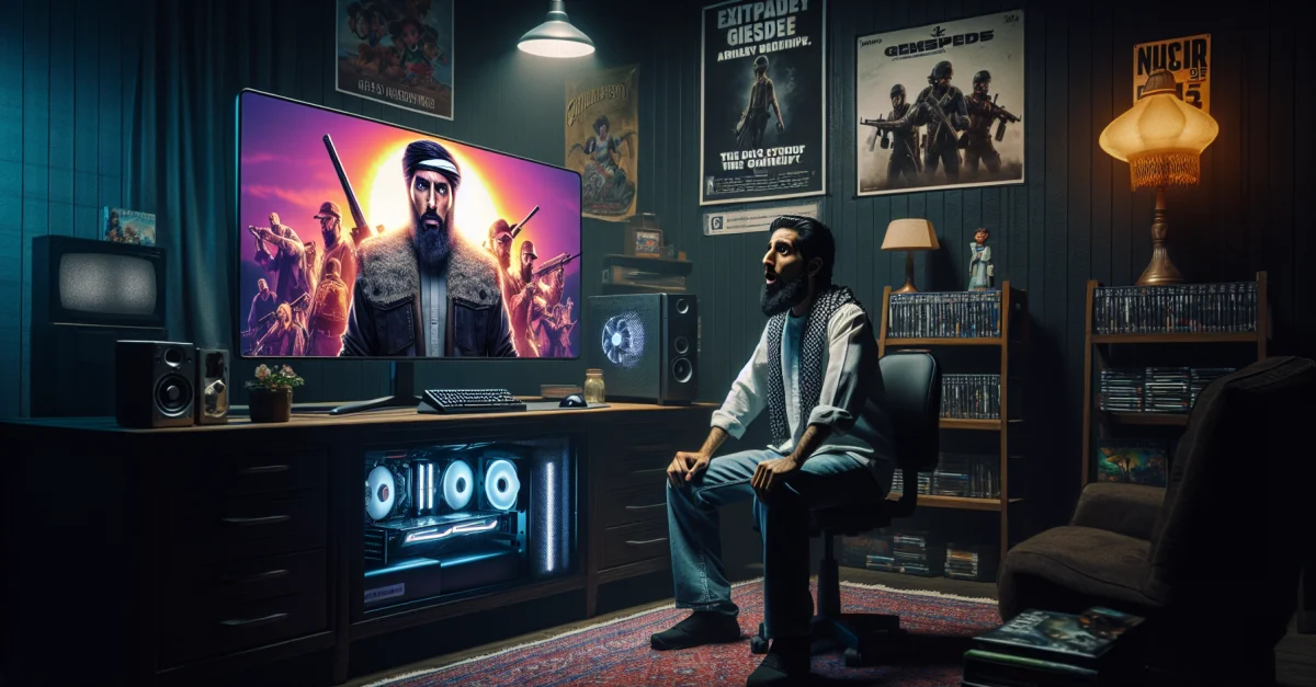 Ein Gamer sitzt frustriert vor seinem PC, während Nvidia DLSS 5 auf dem Bildschirm eine überbearbeitete Spielszene zeigt. Die Atmosphäre ist angespannt.