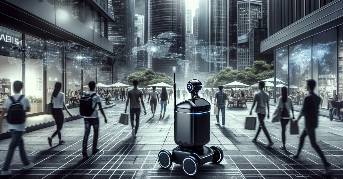 Ein moderner Lieferroboter navigiert durch eine belebte Stadt, umgeben von Augmented Reality-Elementen und digitalen Karten. Die Technologie zeigt präzise Navigation.