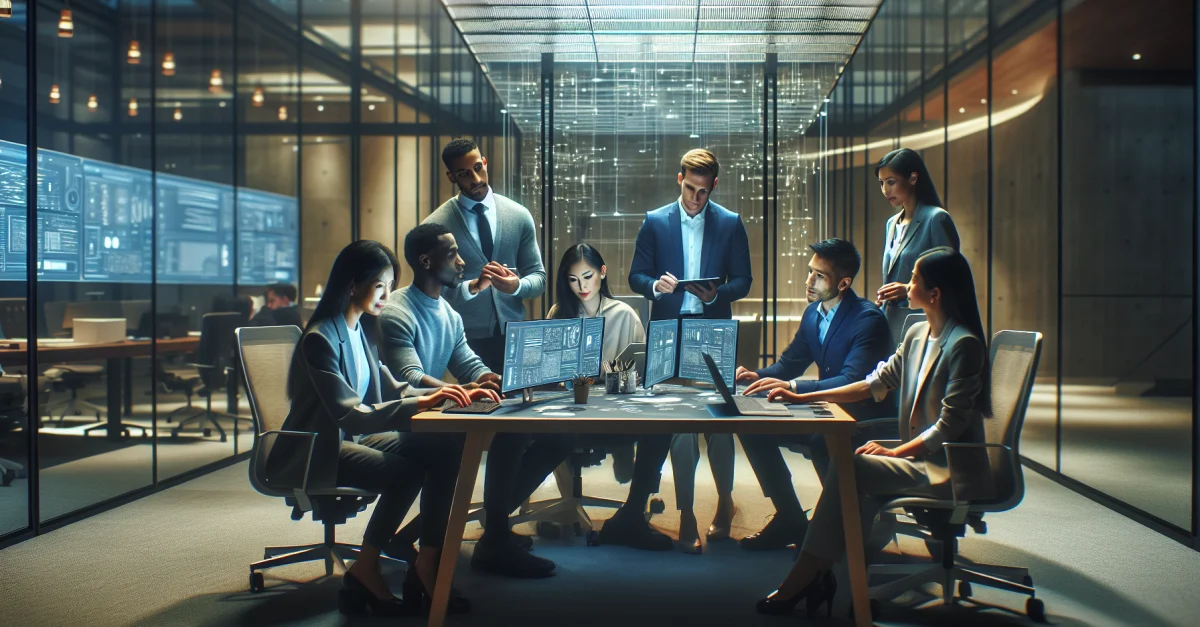 Professionelle Zusammenarbeit in einem modernen Büro, die Microsofts Copilot-Initiative und die Fusion von Verbraucher- und Unternehmensteams symbolisiert.