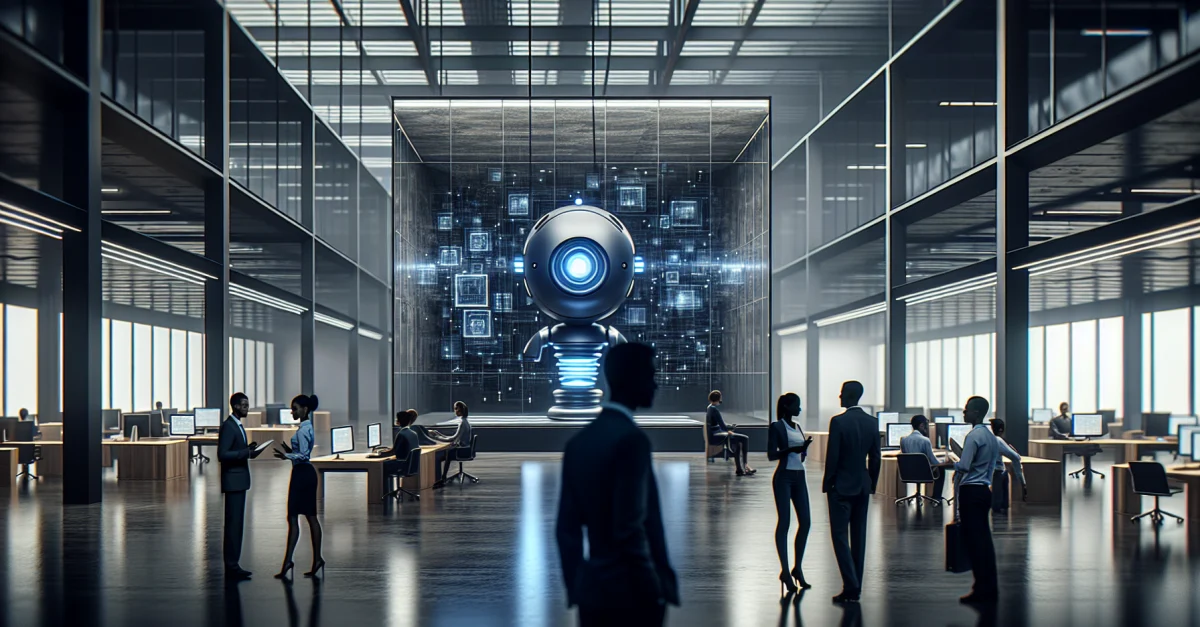 Nvidia KI-Agenten in einem modernen Büro, die Sicherheitsprotokolle revolutionieren. Mitarbeiter interagieren mit KI-Schnittstellen zur Verbesserung der Sicherheit.