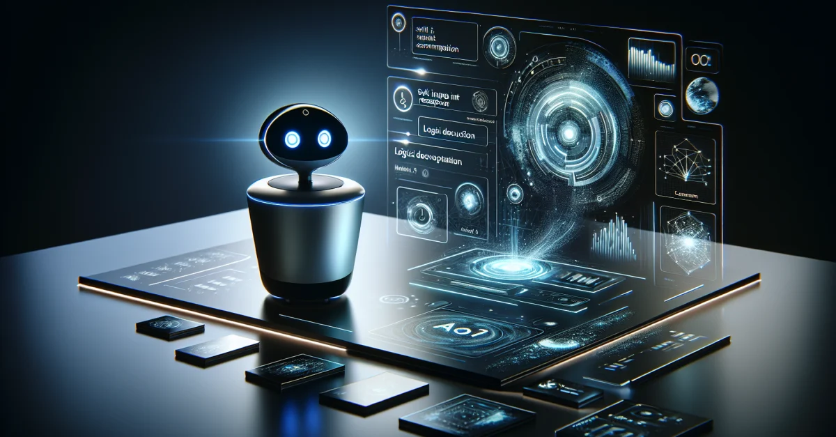 Mistral Small 4 Modell in modernem Tech-Umfeld, das fortschrittliche KI-Funktionen wie Textantworten und Bildverarbeitung zeigt.