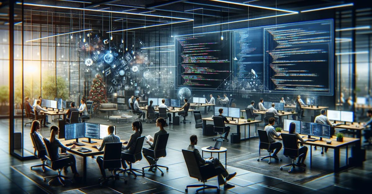 A diverse group collaborates in a modern office on software projects, illustrating the shift in programming and its future challenges.