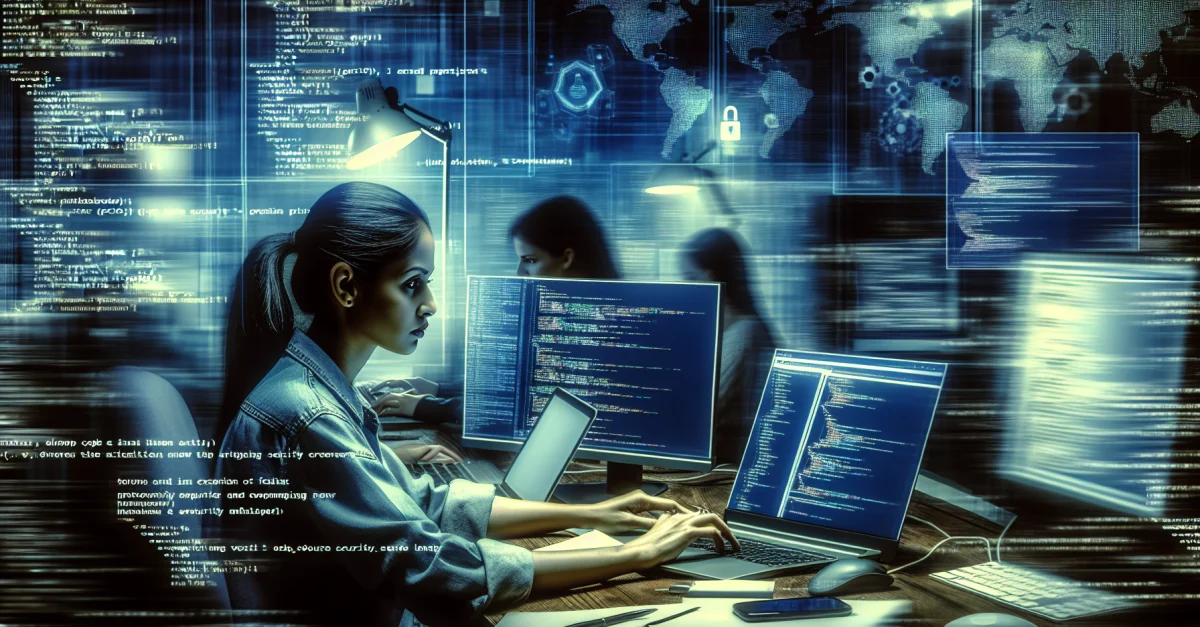 Ein Entwickler arbeitet an einem Laptop, umgeben von Bildschirmen mit Code und Sicherheitsmetriken, die die Investitionen in Open-Source-Sicherheit zeigen.