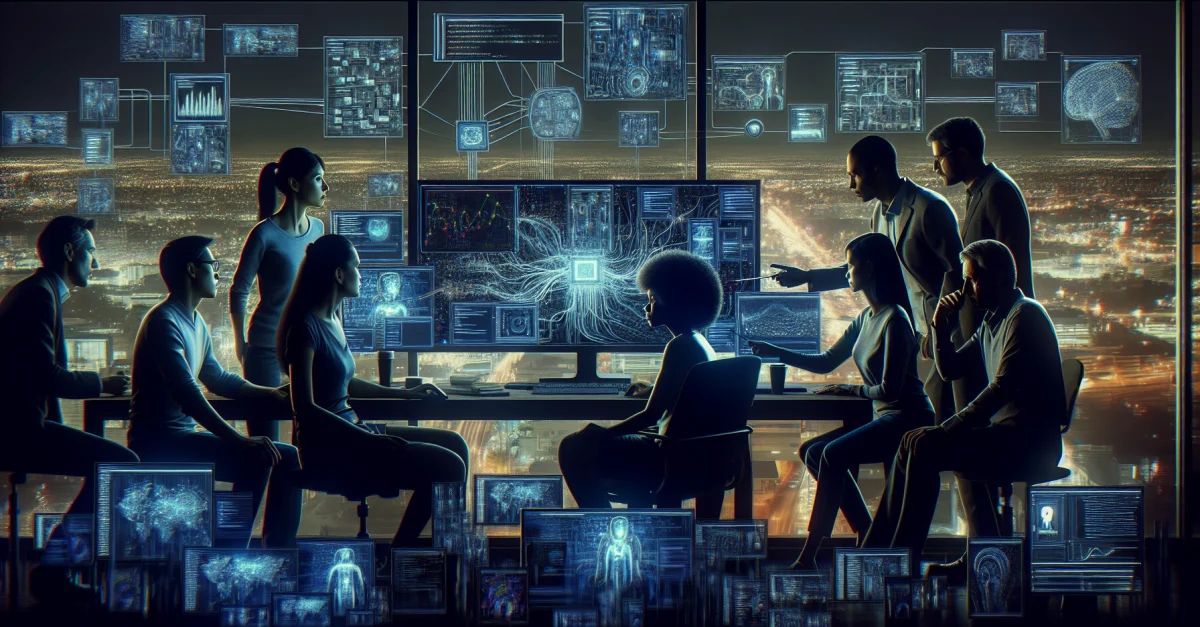 Technologieexperten diskutieren in einem dunklen Raum über die Gefahren von KI-Agenten wie Openclaw. Die Atmosphäre ist angespannt und geheimnisvoll.