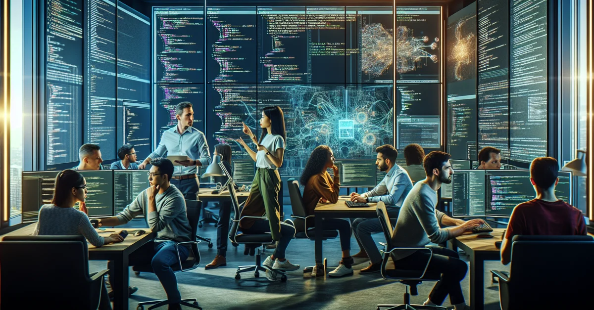 Eine Gruppe von Open-Source-Entwicklern arbeitet zusammen an einem Projekt, um die Herausforderungen der KI-Integration zu bewältigen.