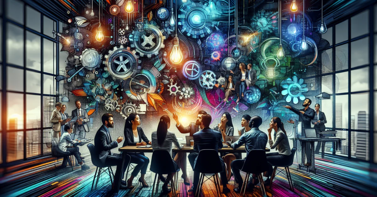 Ein Bild, das eine dynamische Zusammenarbeit zwischen Akademikern und Industrievertretern zeigt, die Innovation und Fortschritt vorantreiben.