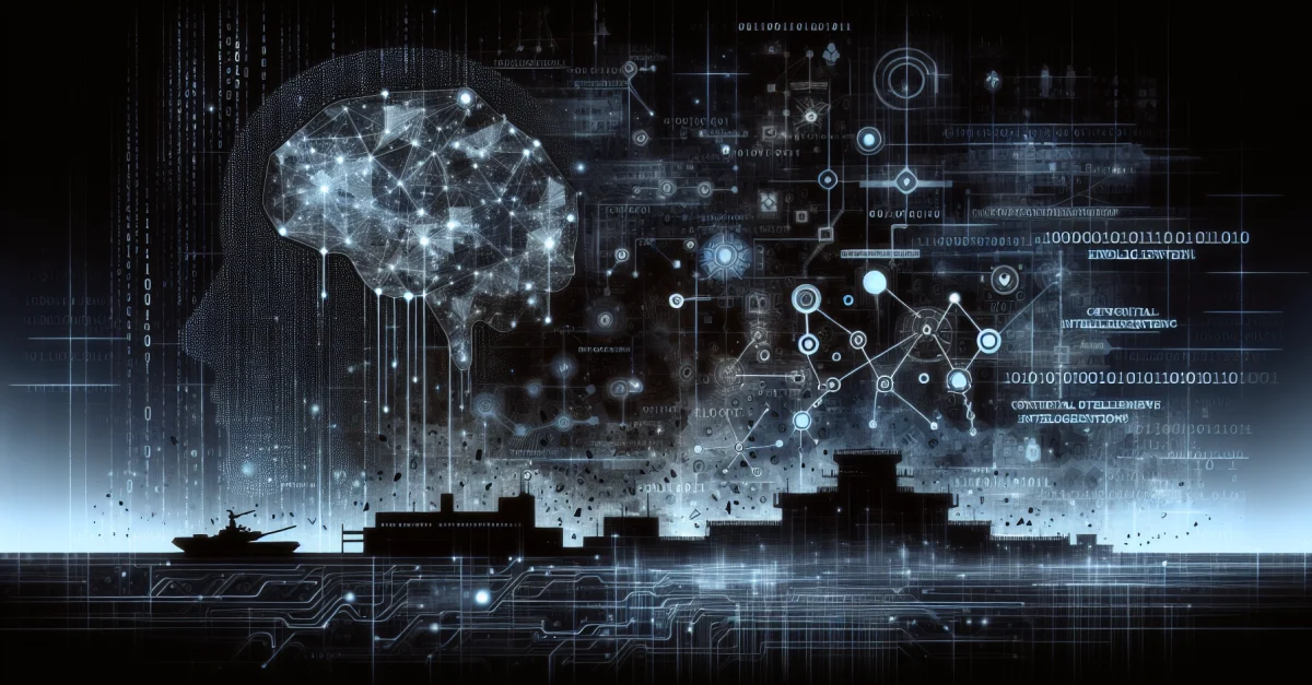 Konzeptionelles Bild, das die Verbindung von KI und nationaler Sicherheit darstellt, mit abstrakten Datenströmen und Geheimdienstsymbolen.