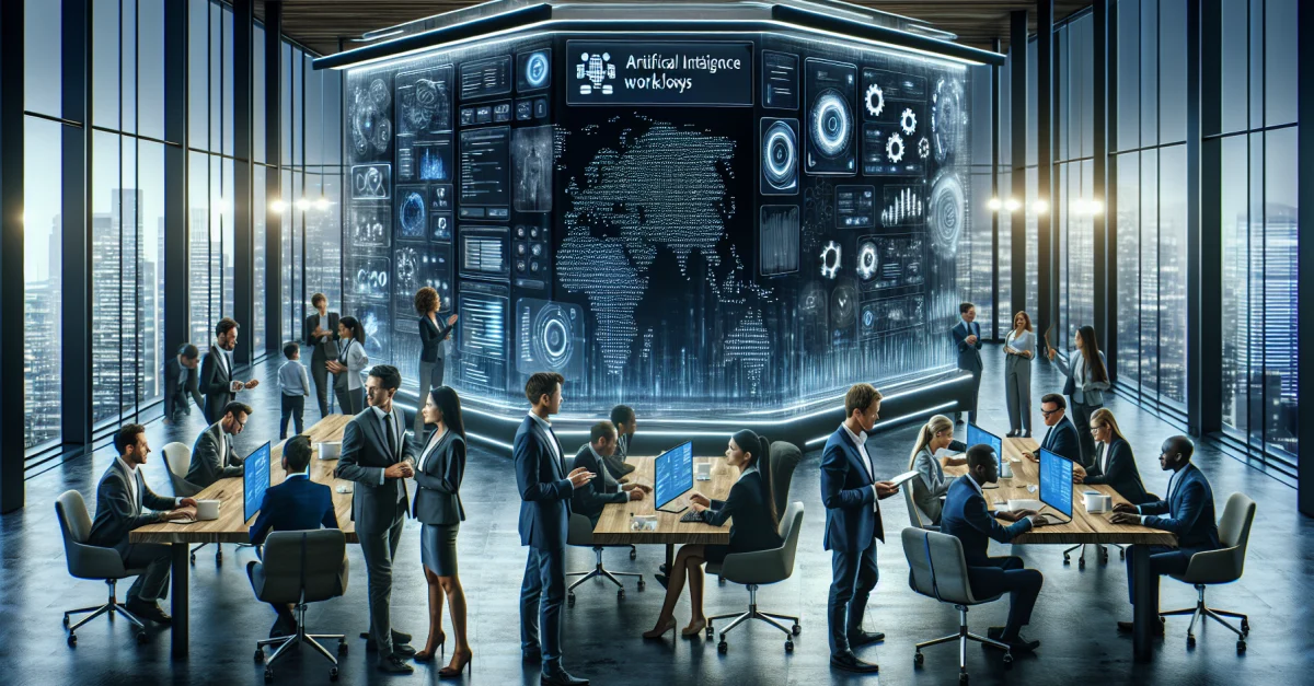 A modern office with a team gathered around a digital screen displaying the Comet Enterprise interface, focusing on AI workflows and innovation.