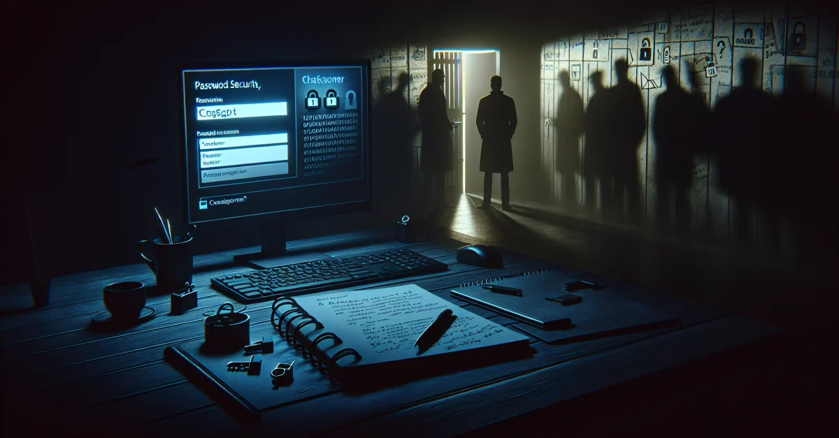 Ein Computerbildschirm mit der ChatGPT-Oberfläche zur Passwortgenerierung in einem schwach beleuchteten Raum, der Sicherheitsimplikationen analysiert.