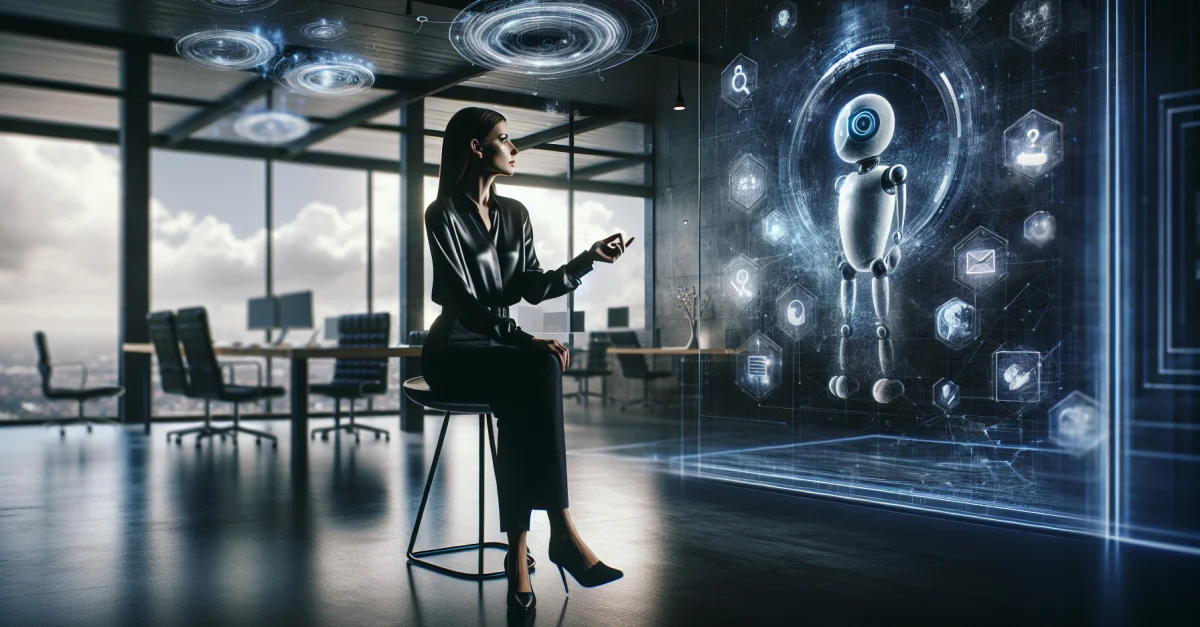 CEO of a smartphone manufacturer discusses the future of apps and AI agents in a modern office. Futuristic technology and digital screens are visible.