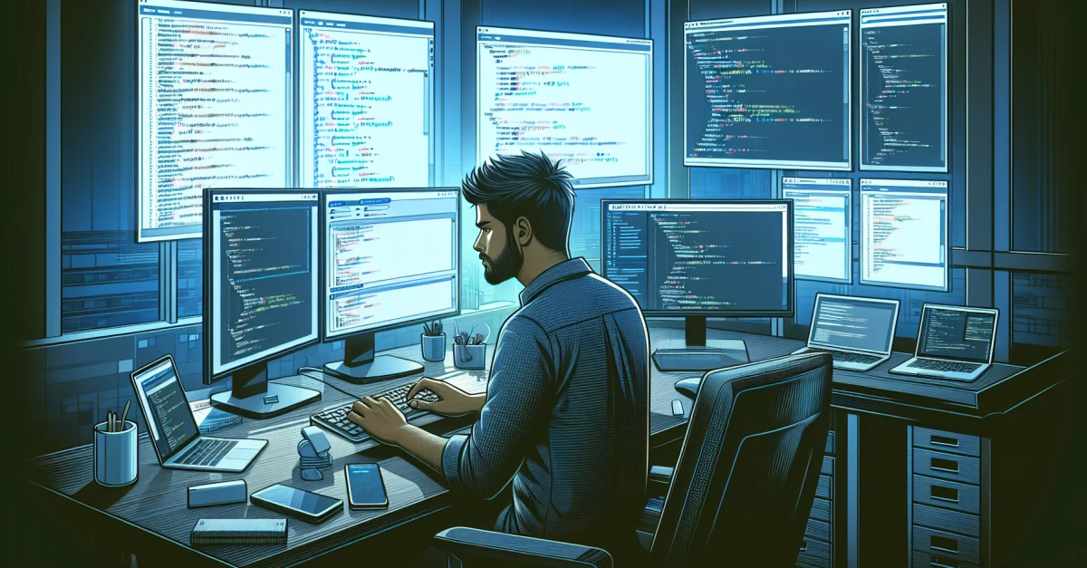 A developer working on UI tests with Playwright in a modern software development environment, ensuring user interface stability.