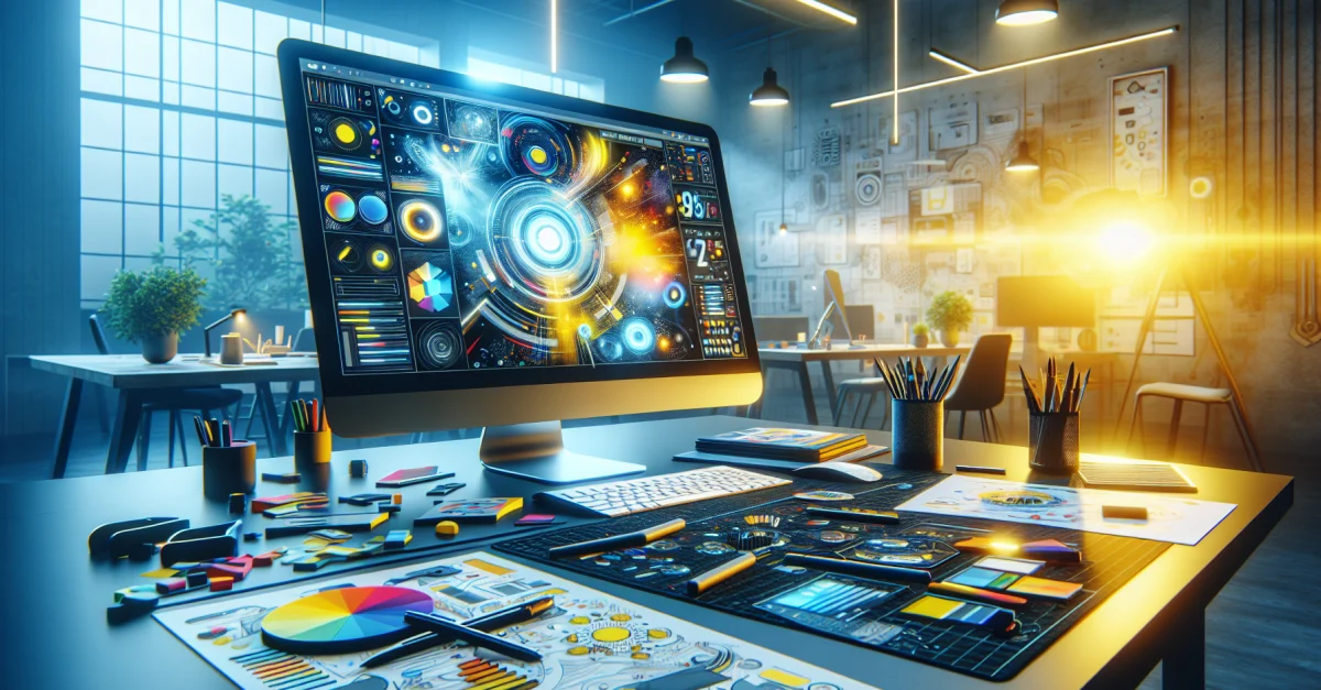 Moderne Arbeitsumgebung mit Computer, der ein Prototyp-Design zeigt, erstellt mit Google Stitch. Kreative Werkzeuge und Skizzen sind sichtbar.