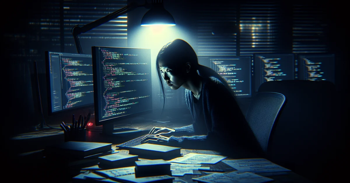 A developer looks worried at their computer screen as Apple restricts Vibe-Coding tools. The atmosphere is tense, reflecting the challenges of app development.