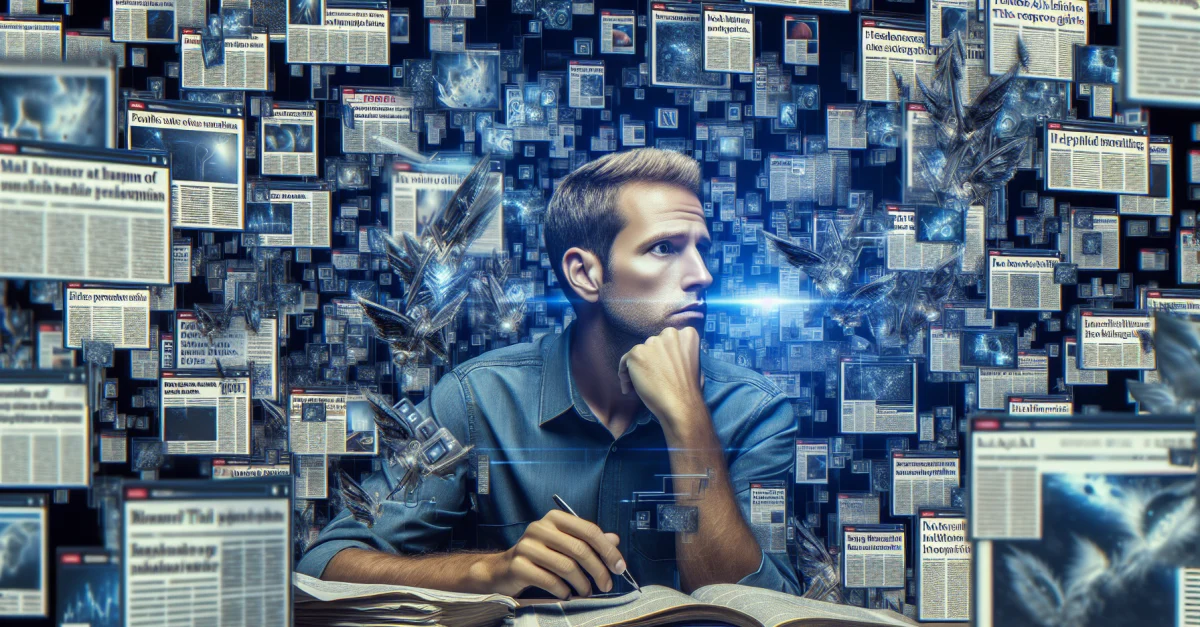Illustration eines digitalen Landschaftsbildes, das den Einfluss von KI auf Nachrichtenüberschriften zeigt. Ein Mensch blickt verwirrt auf einen Bildschirm.