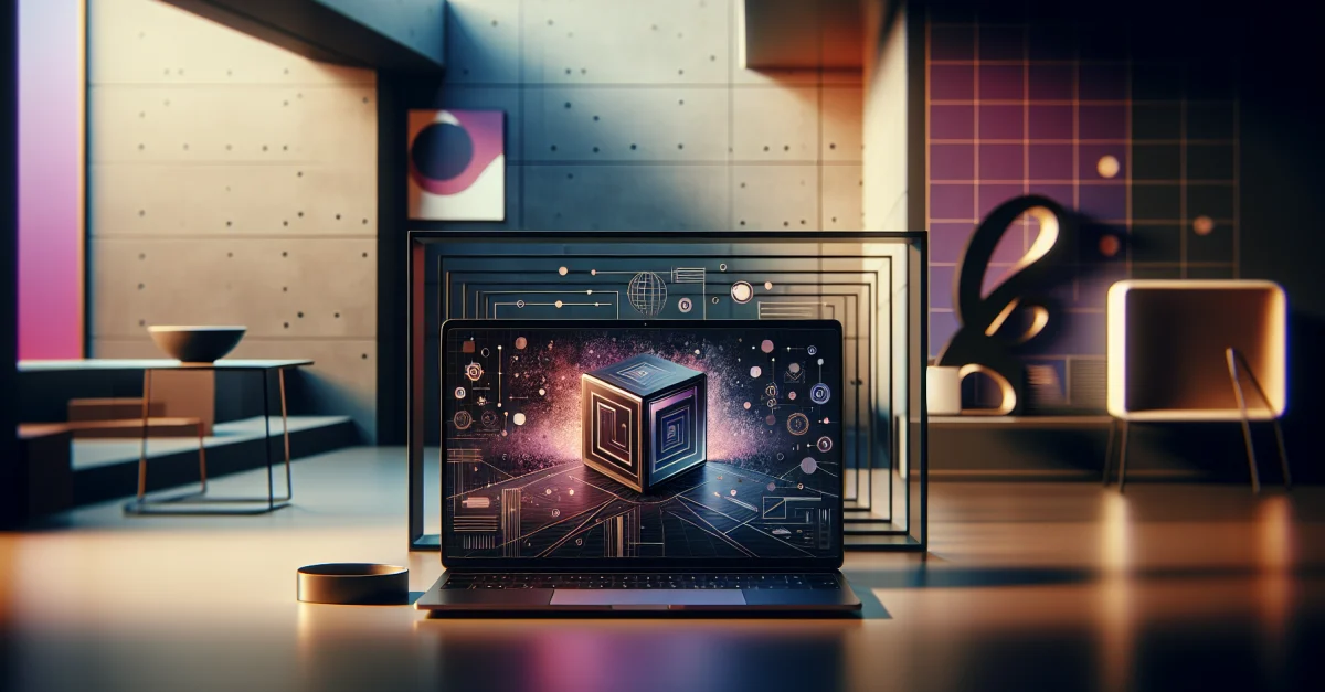 Ein moderner Arbeitsplatz mit einem offenen MacBook, das eine futuristische Benutzeroberfläche zeigt, die auf KI-Funktionen hinweist.