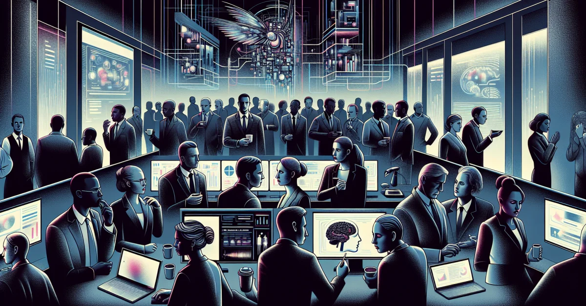 Eine besorgte Gruppe von Menschen diskutiert in einem modernen Büro über Künstliche Intelligenz. Ihre Mimik zeigt Skepsis gegenüber der Technologie.