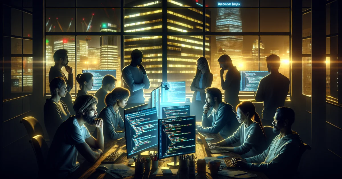 Entwickler diskutieren in einem dunklen Büro über Googles Rückzug aus der Browser-KI-Entwicklung und die wachsende Bedeutung von Codierungswerkzeugen.