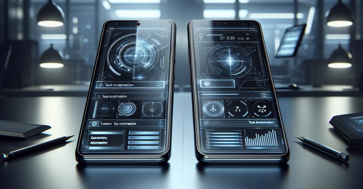Image features the Pixel 10 Pro and Galaxy S26 Ultra showcasing Gemini's task automation feature in a modern workspace.