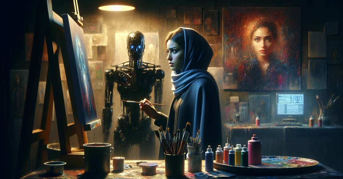 Ein besorgter Künstler in einem schwach beleuchteten Atelier, der über den Schutz seiner Werke vor KI-Übernahme nachdenkt. Dringlichkeit und Kreativität stehen im Mittelpunkt.
