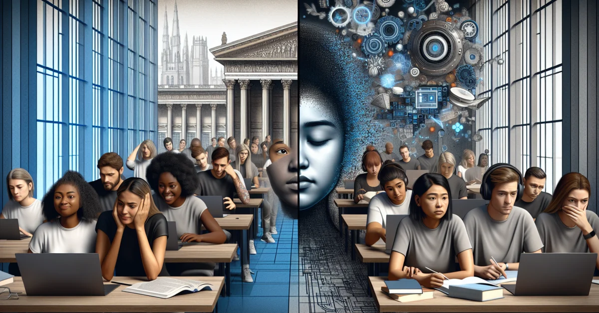 Bild zeigt britische Studierende, die KI nutzen. Links: Begeisterte Studierende mit KI-Tools. Rechts: Besorgter Student, der überfordert wirkt. Universitätsumfeld.