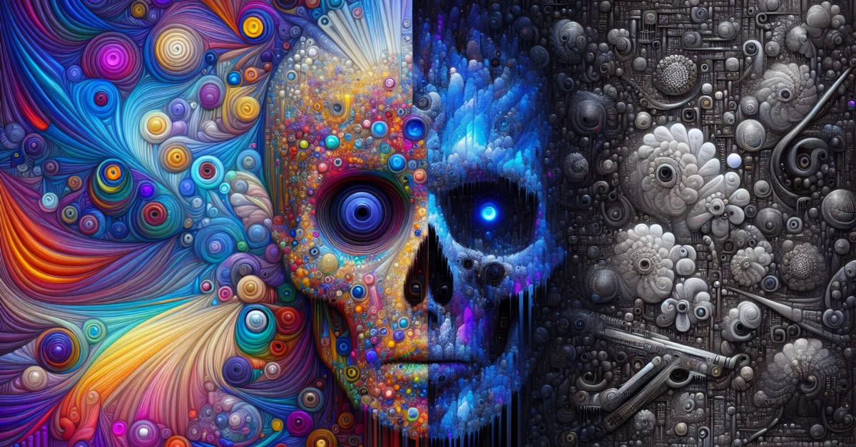 Ein Bild, das die Dualität der generativen KI in der Kreativität darstellt, mit innovativen Kunstwerken und dystopischen Szenarien.