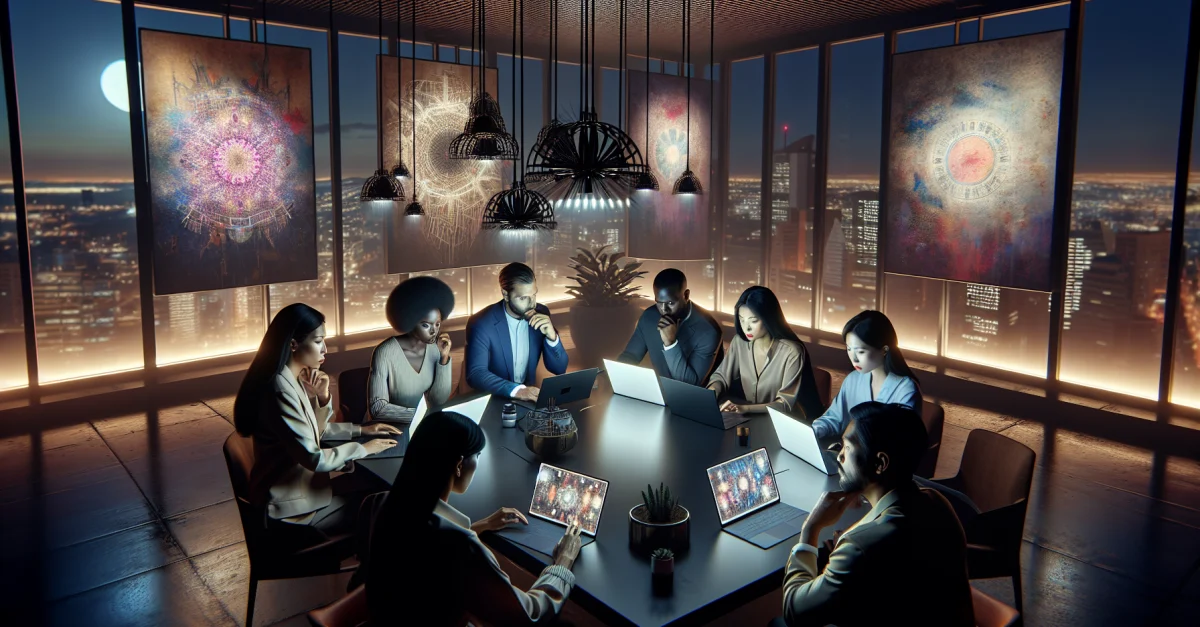 Professionelle besprechen die Auswirkungen der verpflichtenden Kennzeichnung von KI-Inhalten in einem modernen Büro mit Stadtblick.