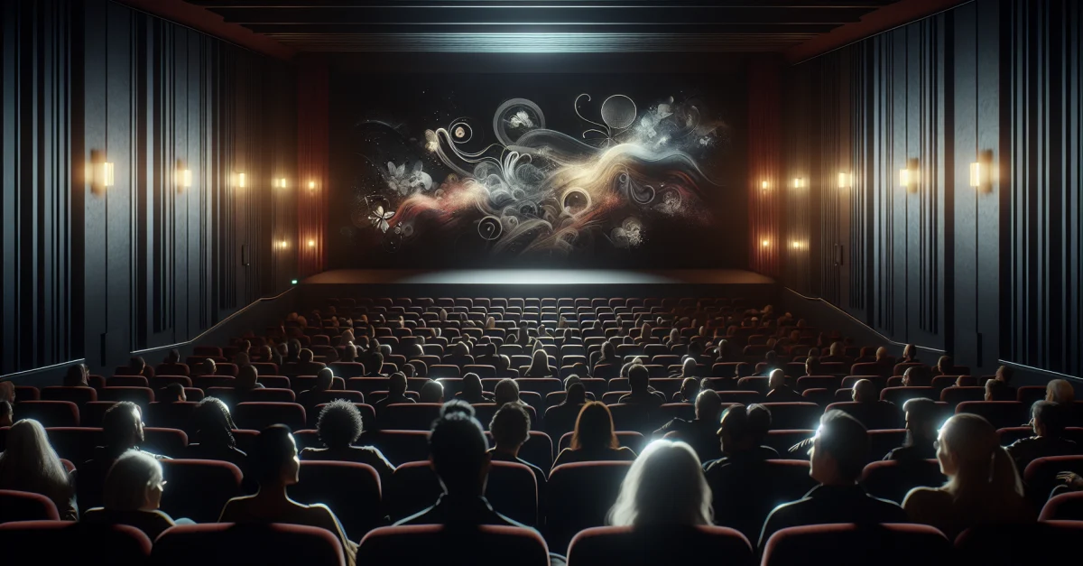 Ein Bild eines dunklen Kinos mit roten Sitzen und einem großen Bildschirm, der abstrakte Bilder zeigt, was die Vorfreude auf einen vielversprechenden Film widerspiegelt.