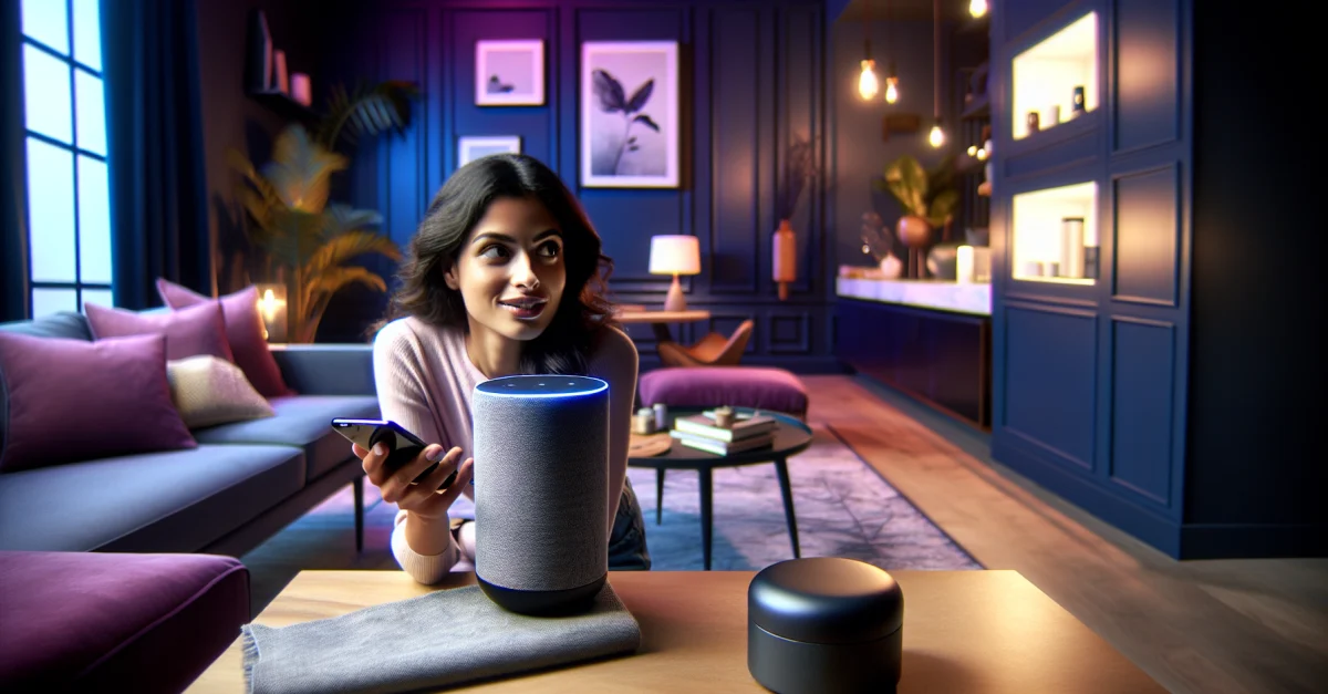 Moderne Wohnzimmereinrichtung mit einem Smart Speaker, der sarkastische Antworten bietet. Nutzer interagiert neugierig mit dem Gerät.