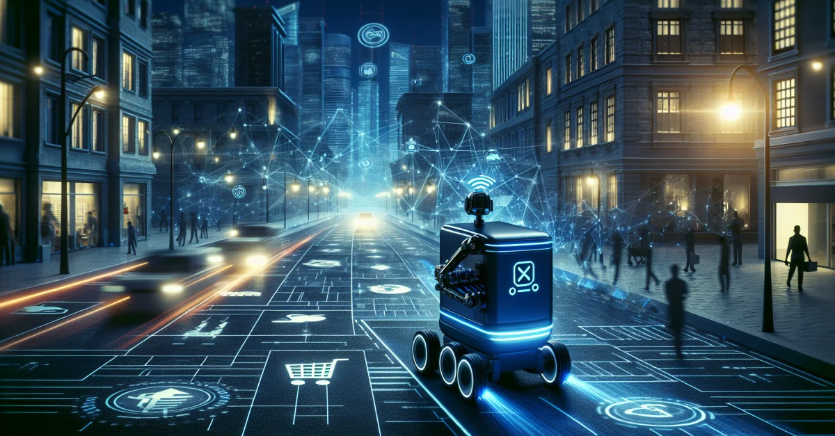 Futuristischer Lieferroboter navigiert durch eine belebte Stadtlandschaft, umgeben von ikonischen Wahrzeichen, und zeigt die Zukunft der Logistik mit KI-Technologie.