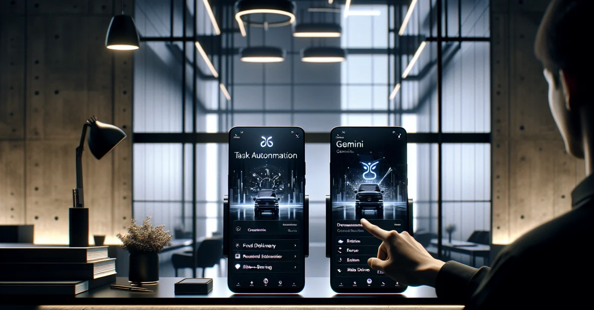 Ein Benutzer interagiert mit einem Smartphone, das die Gemini-Task-Automatisierung zeigt. Fokus auf Essenslieferung und Fahrdienstleistungen.